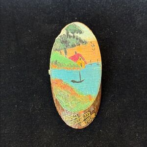 Vintage Oval Wood painted Scenic Brooch from Murray Bay Quebec